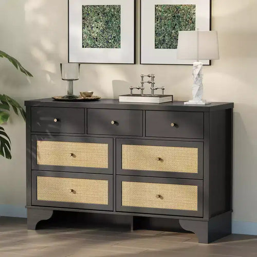 Commode à 7 tiroirs, en rotin naturel, commode et chiffonnier en bois moderne pour chambre à coucher