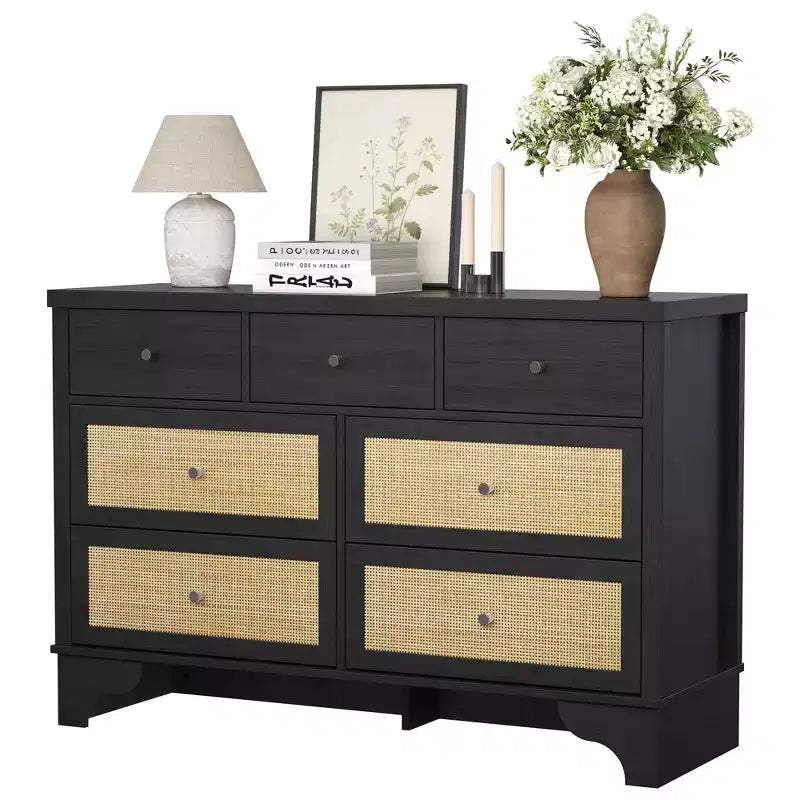 7 Drawers Dresser, Natural Rattan Modern Wood Dressers & Chest of Drawers for Bedroom, Wide Storage Dressers Organizer Deep Drawers