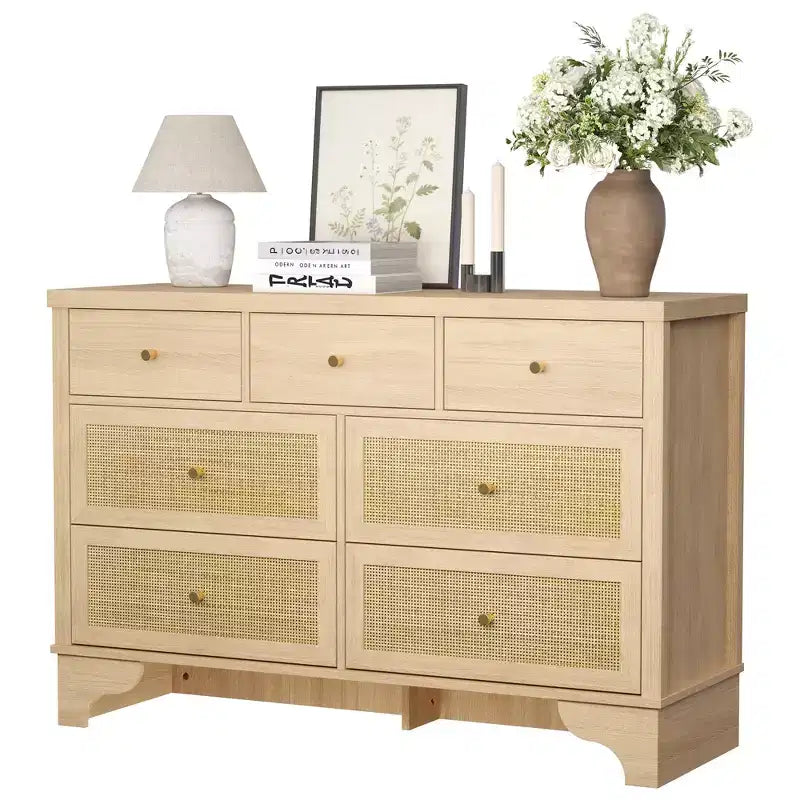 Commode à 7 tiroirs, en rotin naturel, commode et chiffonnier en bois moderne pour chambre à coucher