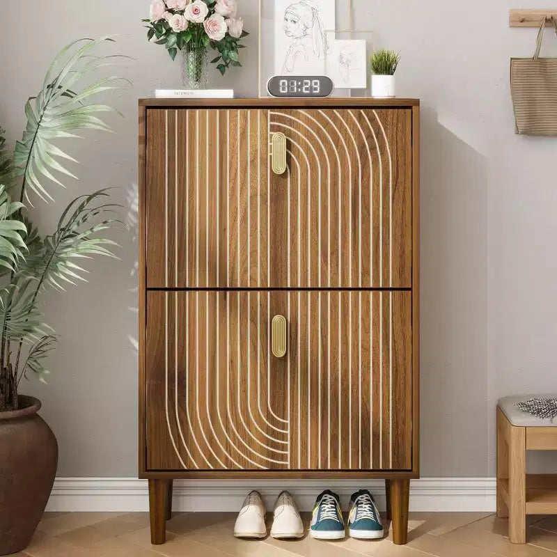 GDFStudio Mid-Century Modern Shoe Storage Cabinet with 2 Flip Doors and Metal Handles