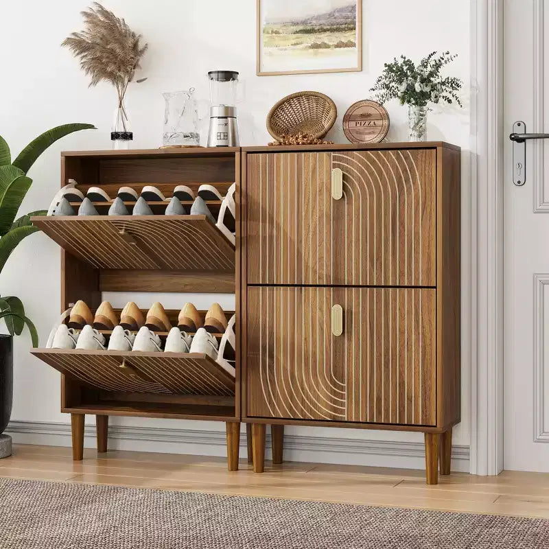 Meuble de rangement pour chaussures Mid-Century Moderne avec 2 portes basculantes et poignées métalliques