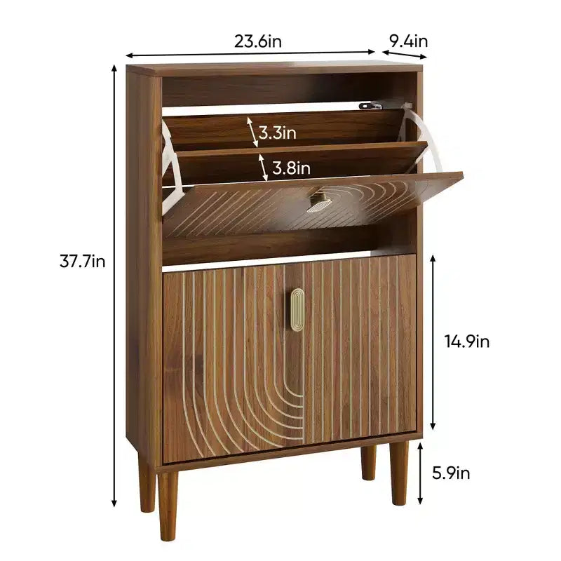 Meuble de rangement pour chaussures Mid-Century Moderne avec 2 portes basculantes et poignées métalliques