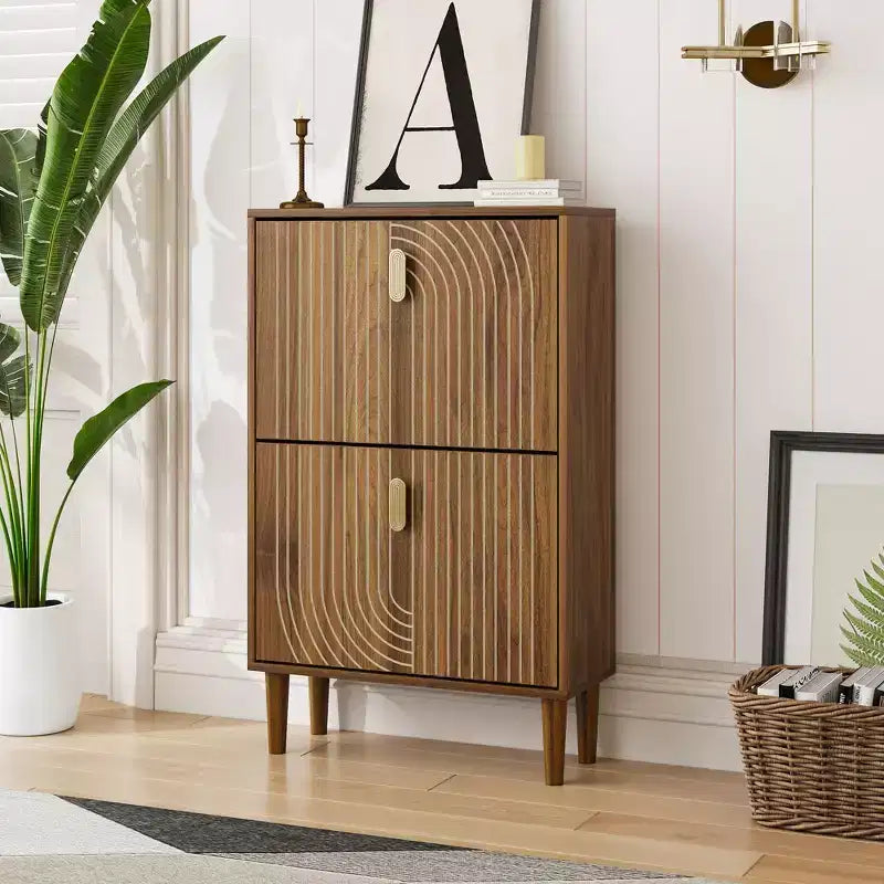 Meuble de rangement pour chaussures Mid-Century Moderne avec 2 portes basculantes et poignées métalliques
