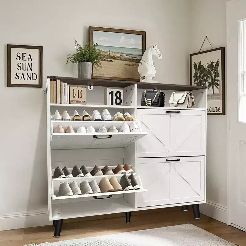 Meuble à Chaussures, Organisateur de Chaussures à 4 Portes Basculantes avec Tiroirs et Étagères Réglables