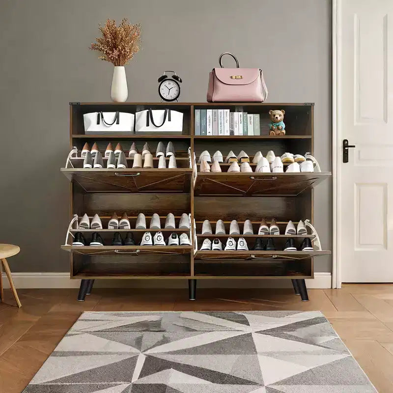 Meuble à Chaussures, Organisateur de Chaussures à 4 Portes Basculantes avec Tiroirs et Étagères Réglables
