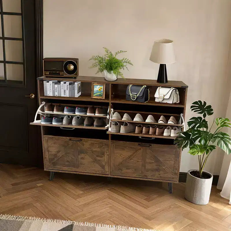 Meuble à Chaussures, Organisateur de Chaussures à 4 Portes Basculantes avec Tiroirs et Étagères Réglables