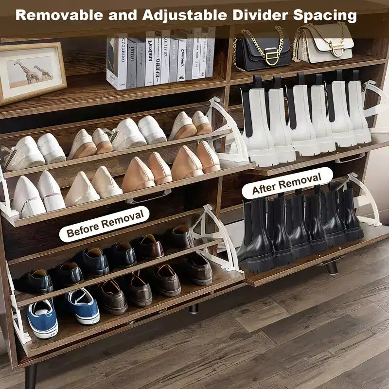 Meuble à Chaussures, Organisateur de Chaussures à 4 Portes Basculantes avec Tiroirs et Étagères Réglables