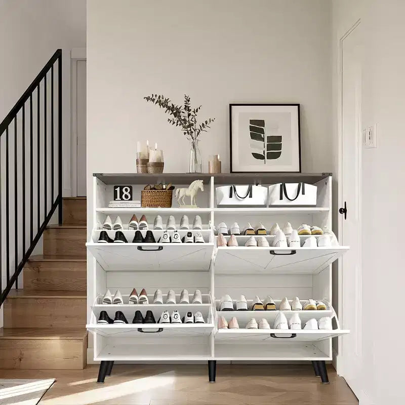 Meuble à Chaussures, Organisateur de Chaussures à 4 Portes Basculantes avec Tiroirs et Étagères Réglables