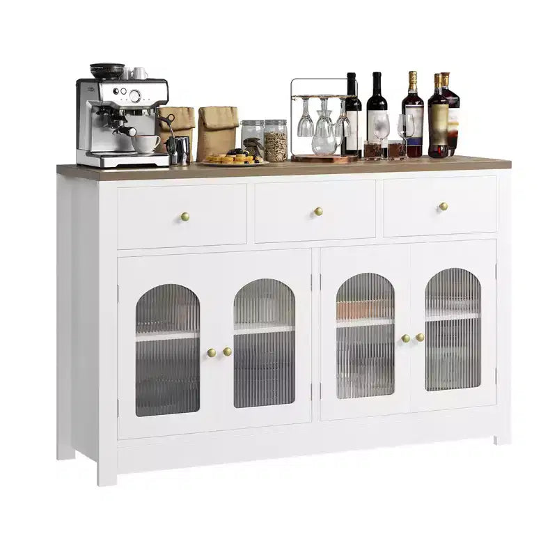 Bahut de salle à manger, meuble bar à café en bois avec porte vitrée et 3 tiroirs