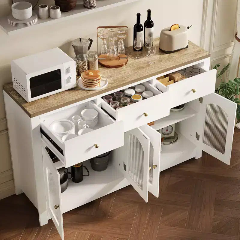 Bahut de salle à manger, meuble bar à café en bois avec porte vitrée et 3 tiroirs