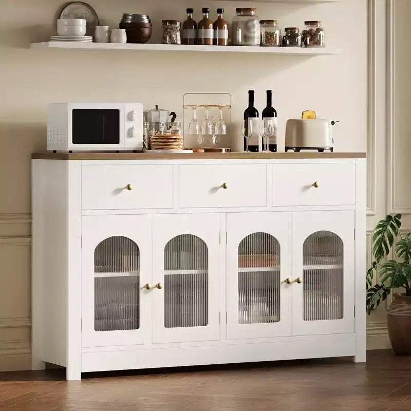 Bahut de salle à manger, meuble bar à café en bois avec porte vitrée et 3 tiroirs
