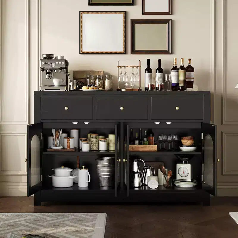 Bahut de salle à manger, meuble bar à café en bois avec porte vitrée et 3 tiroirs