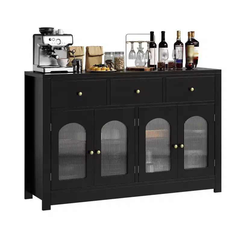 Bahut de salle à manger, meuble bar à café en bois avec porte vitrée et 3 tiroirs