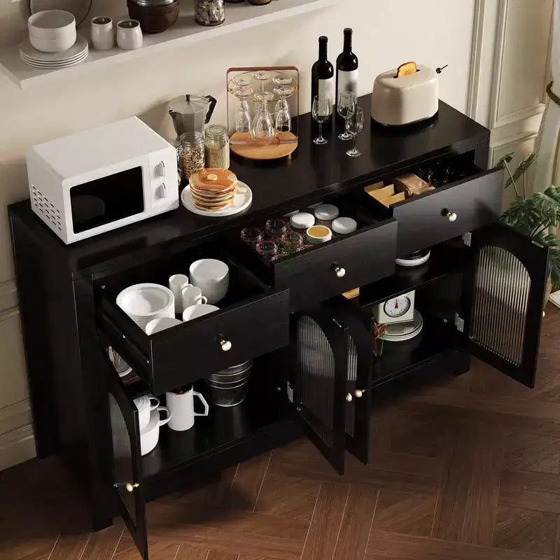 Bahut de salle à manger, meuble bar à café en bois avec porte vitrée et 3 tiroirs