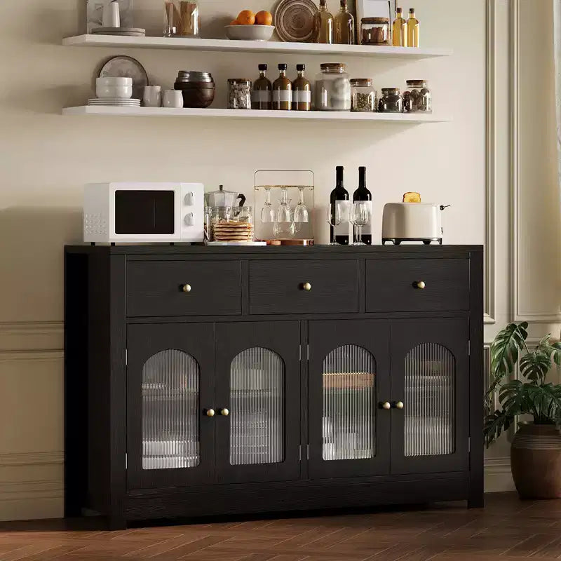 Bahut de salle à manger, meuble bar à café en bois avec porte vitrée et 3 tiroirs