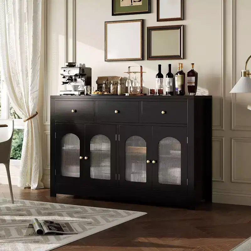 55 Sideboard Buffet Cabinet, Wood Coffee Bar Cabinet with Glass Door & 3 Drawers, Modern Media Console Table, Kitchen Pantry Cabinet