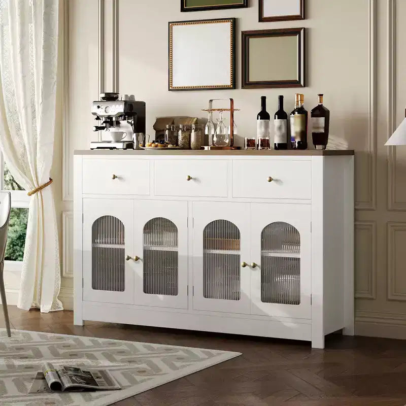 Bahut de salle à manger, meuble bar à café en bois avec porte vitrée et 3 tiroirs