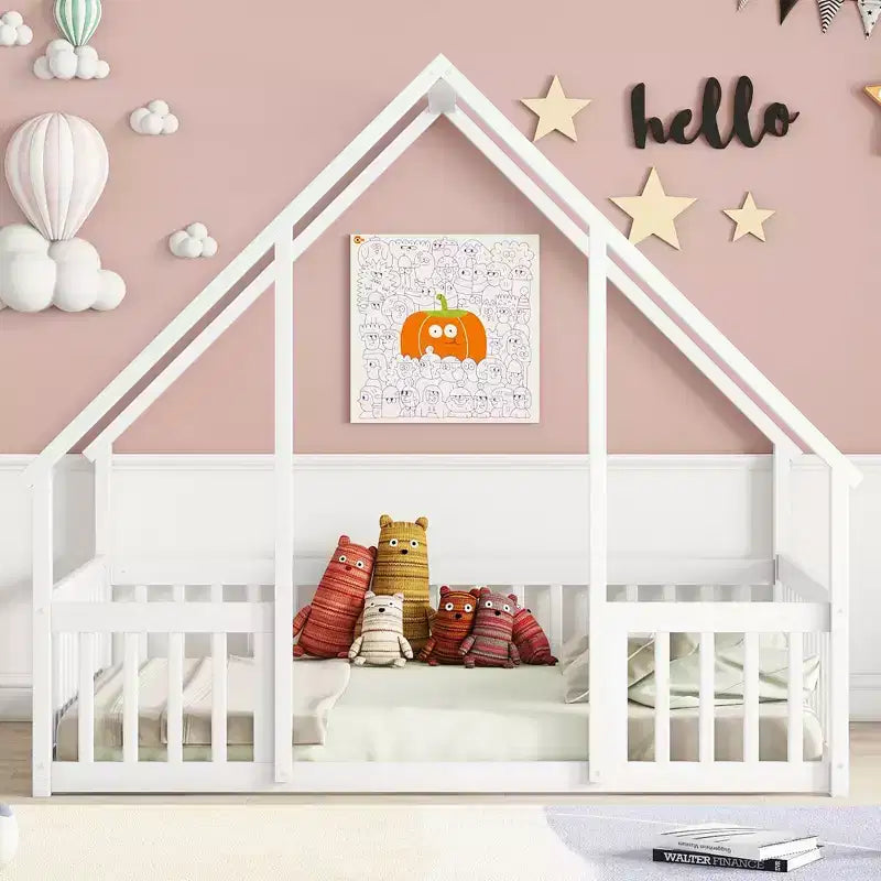 MAYEERTY Full Wood House-shaped Floor Bed with Fence, Guardrails White