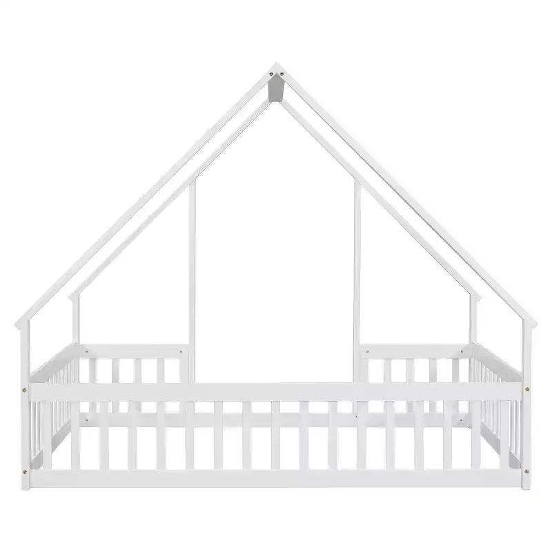 Lit au sol en forme de maison en bois massif avec clôture et barrières de sécurité, blanc