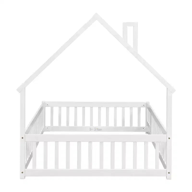 Lit au sol en forme de maison avec tête de lit et clôture Blanc