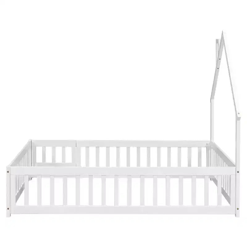 Lit au sol en forme de maison avec tête de lit et clôture Blanc