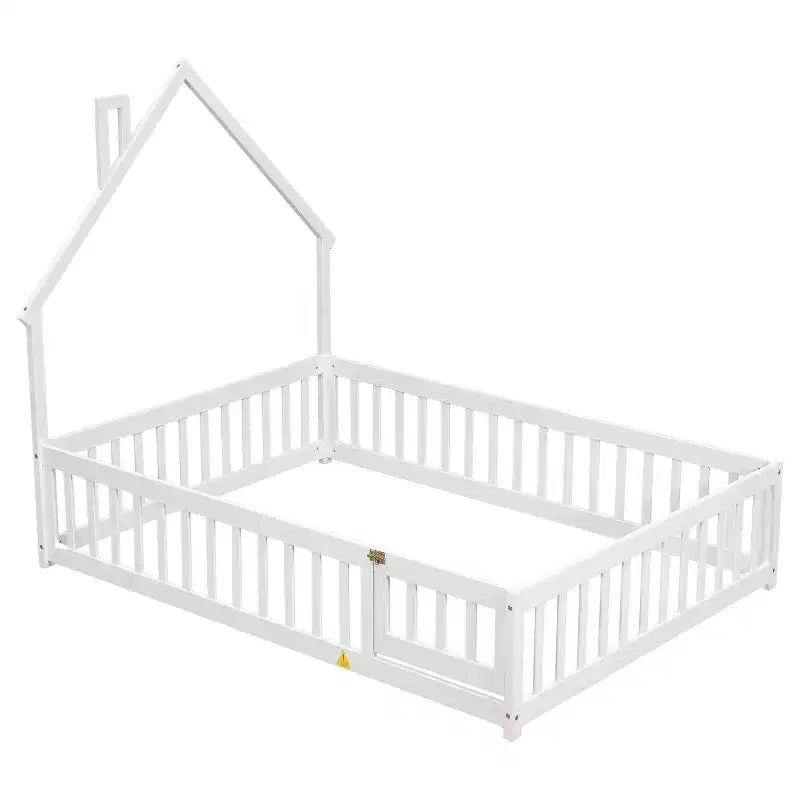 Lit au sol en forme de maison avec tête de lit et clôture Blanc