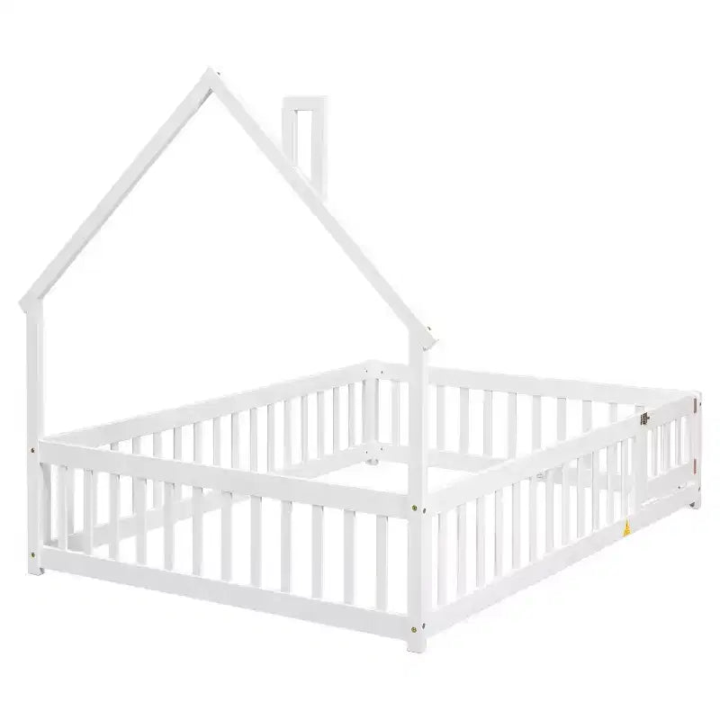 Lit au sol en forme de maison avec tête de lit et clôture Blanc