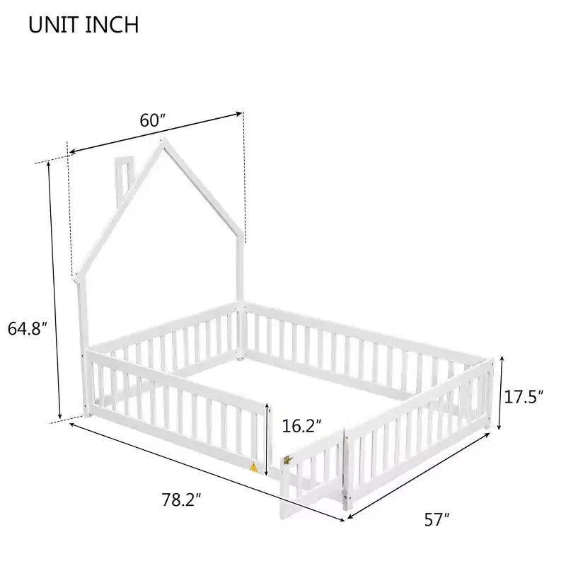 Lit au sol en forme de maison avec tête de lit et clôture Blanc