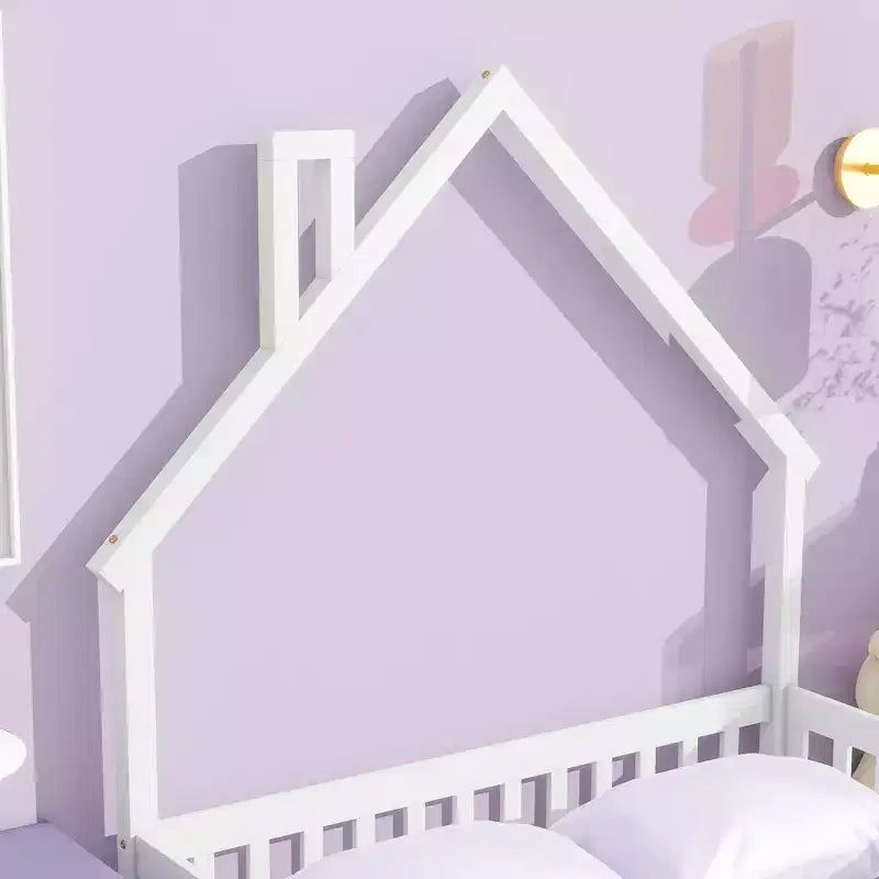 Lit au sol en forme de maison avec tête de lit et clôture Blanc