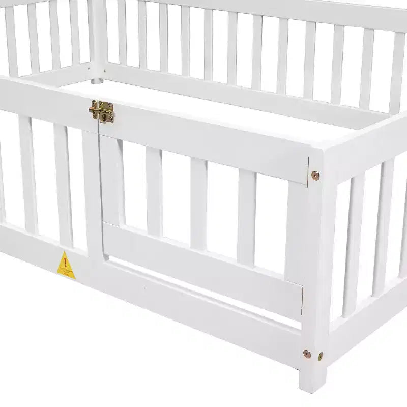 Lit au sol en forme de maison avec tête de lit et clôture Blanc