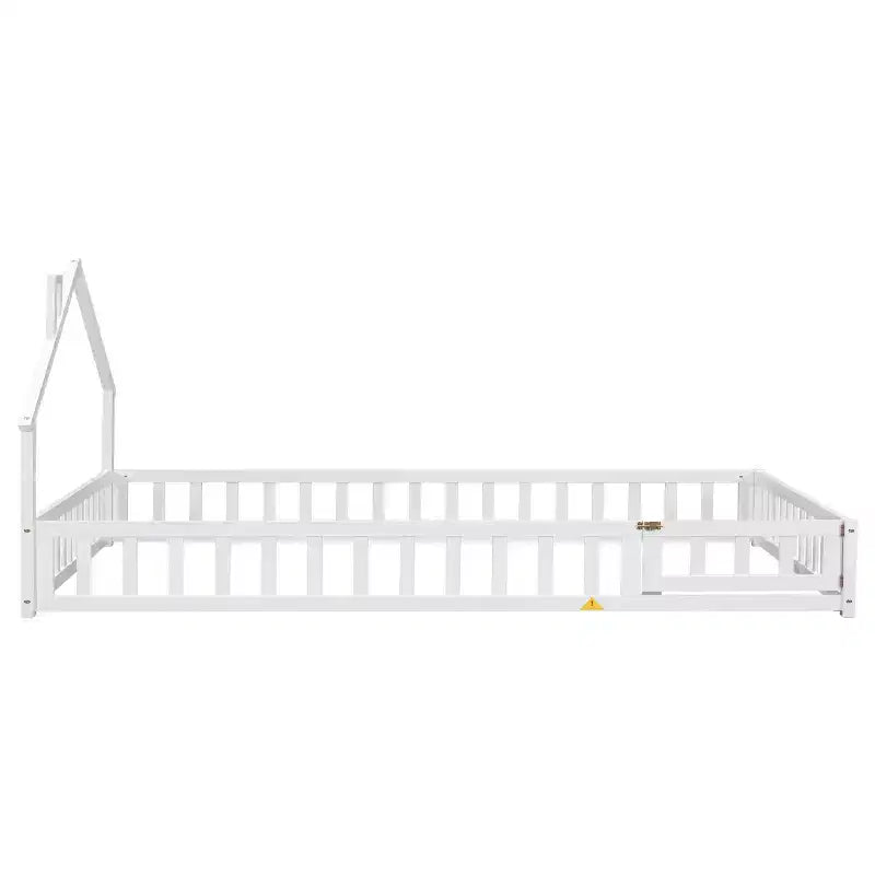 Lit au sol en forme de maison avec tête de lit et clôture Blanc