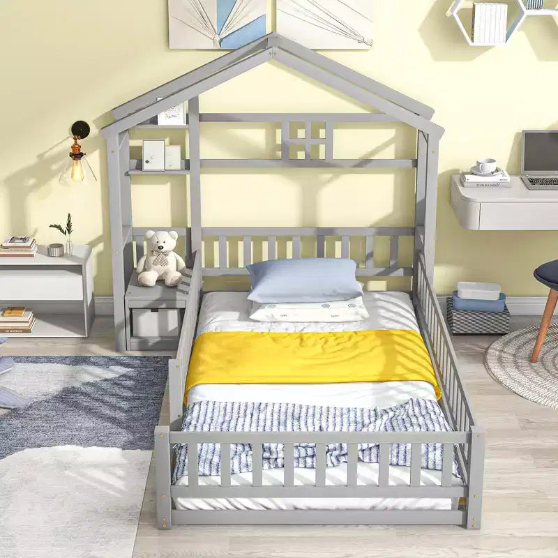 MAYEERTY Twin House Shape Headboard Floor Bed with Guardrails Gray