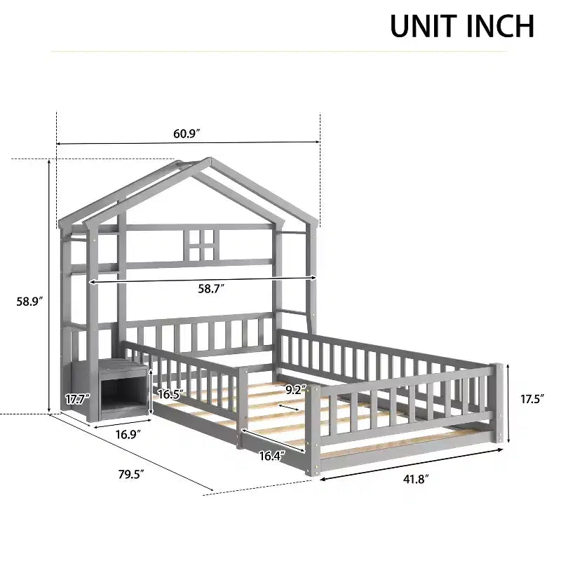 Lit au sol en forme de maison jumelle avec tête de lit et garde-corps gris