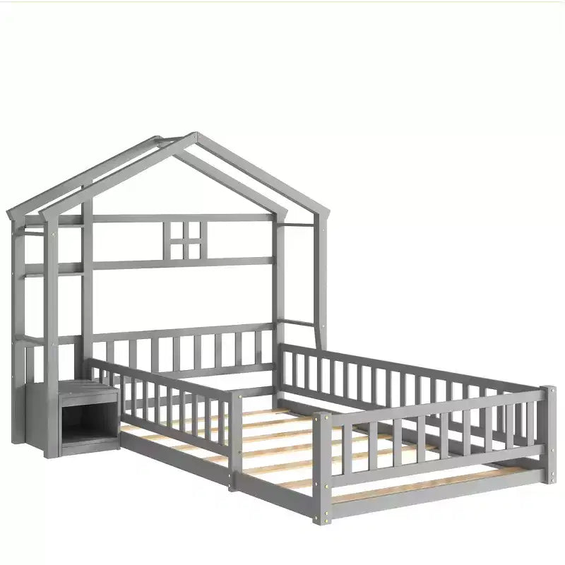 Lit au sol en forme de maison jumelle avec tête de lit et garde-corps gris