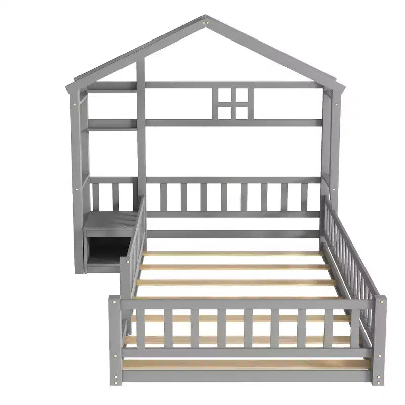 Lit au sol en forme de maison jumelle avec tête de lit et garde-corps gris