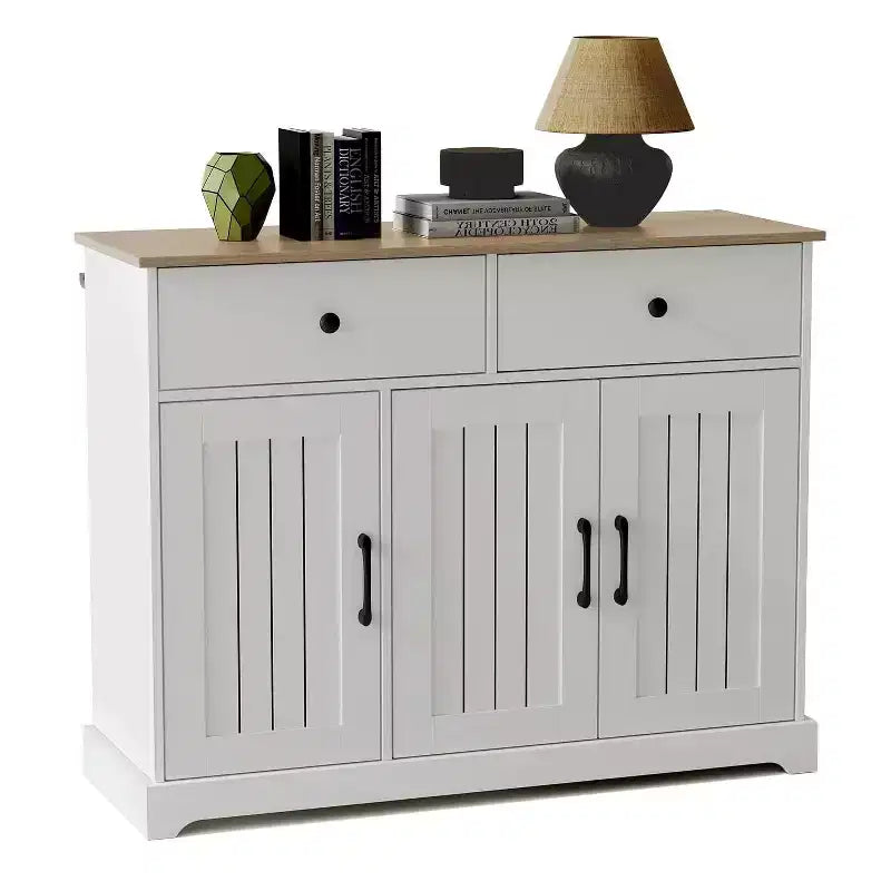 Practical storage cabinet, side panel buffet cabinet with storage room, adjustable shelf and 2 drawers,white