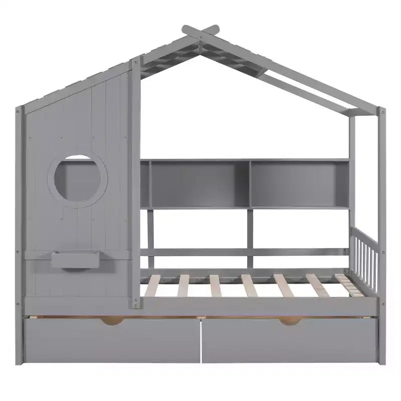 Bellemave Twin Size House Bed with Storage Drawers,Kids House Bed Frame with Shelves, Cute Wood House Bed Twin with Roof for Kids,Girls,Boys,Gray