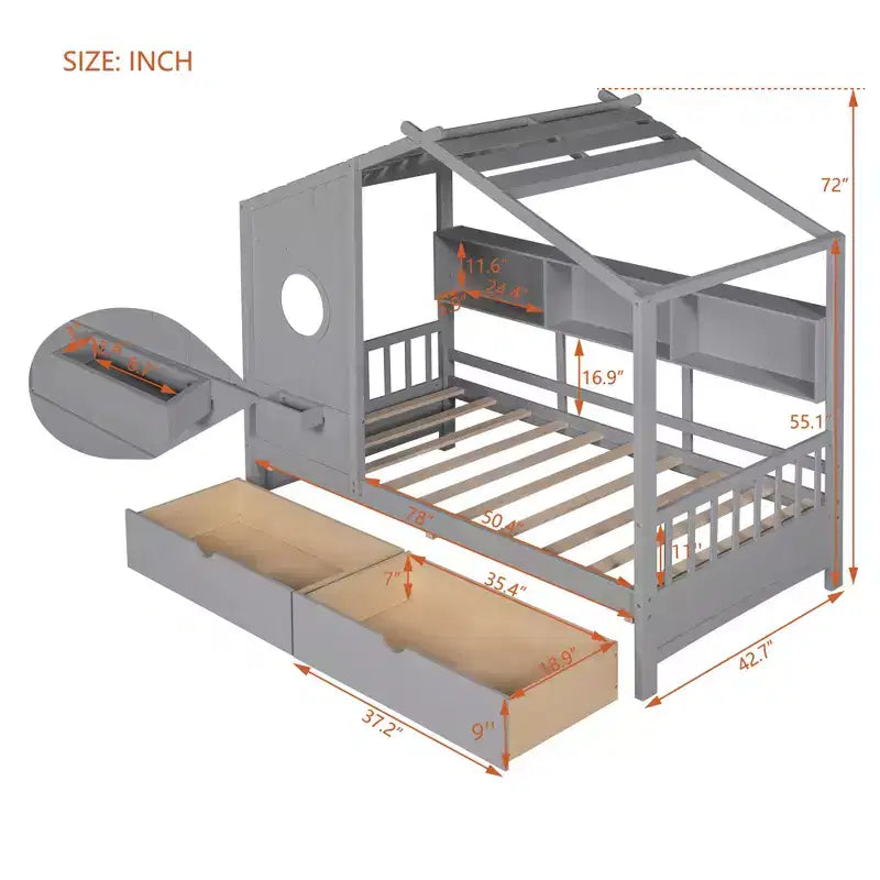 Lit cabane pour enfant avec tiroirs de rangement, Cadre de lit cabane pour enfant avec étagères