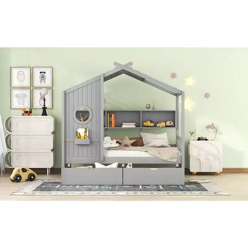 Lit cabane pour enfant avec tiroirs de rangement, Cadre de lit cabane pour enfant avec étagères