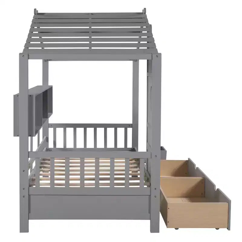 Lit cabane pour enfant avec tiroirs de rangement, Cadre de lit cabane pour enfant avec étagères