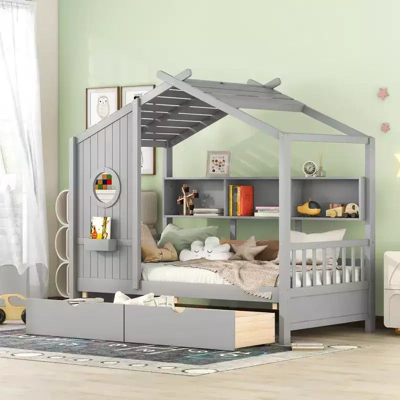 Lit cabane pour enfant avec tiroirs de rangement, Cadre de lit cabane pour enfant avec étagères