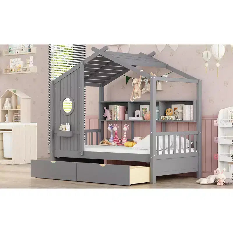 Lit cabane pour enfant avec tiroirs de rangement, Cadre de lit cabane pour enfant avec étagères