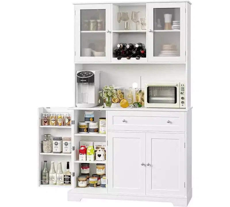 71 Tall Kitchen Pantry CabinetFreestanding Coffee Bar Cabinet with Large DrawersHutch Cabinet with Open Countertop for Living Room