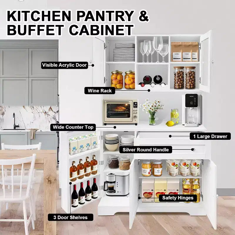 Meuble de rangement pour cuisine, Buffet à café autoportant avec grands tiroirs