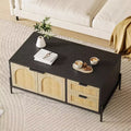 Coffee Table, 40.9'' Modern Coffee Table with Storage - Rattan Accent Living Room Table 2 Drawers/Doors (Farmhouse/Metal Legs)