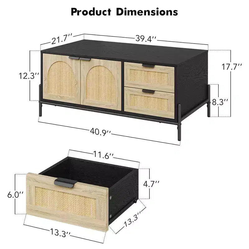 Table Basse, Table basse moderne de 104 cm avec rangement et détails en rotin pour salon