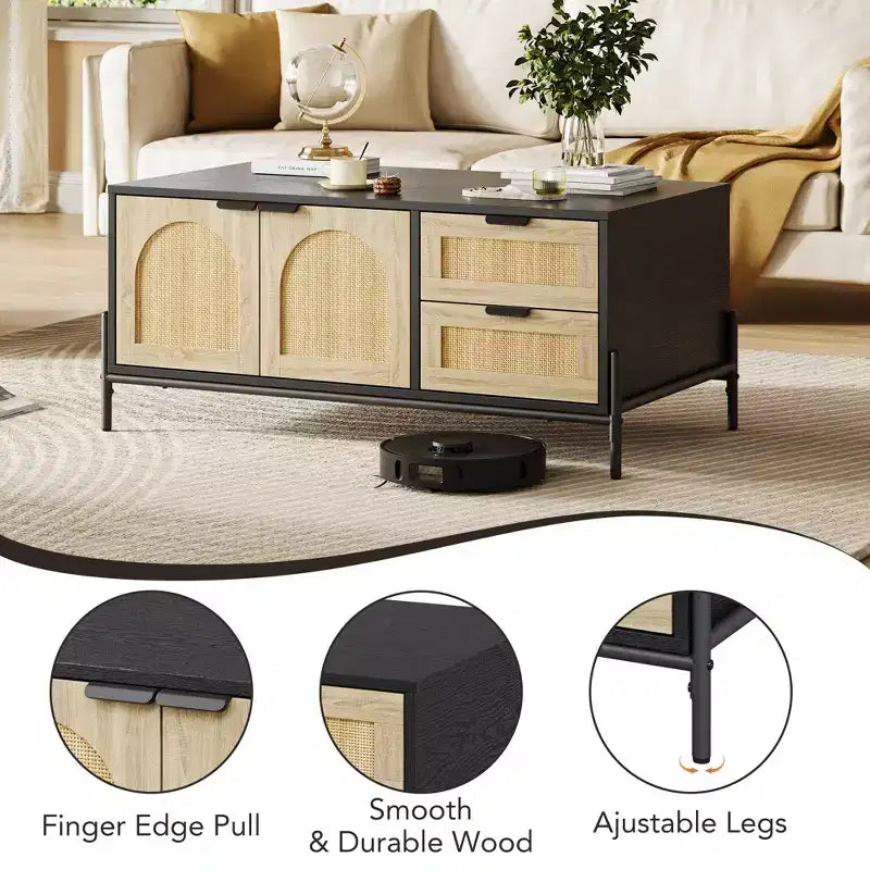 Table Basse, Table basse moderne de 104 cm avec rangement et détails en rotin pour salon