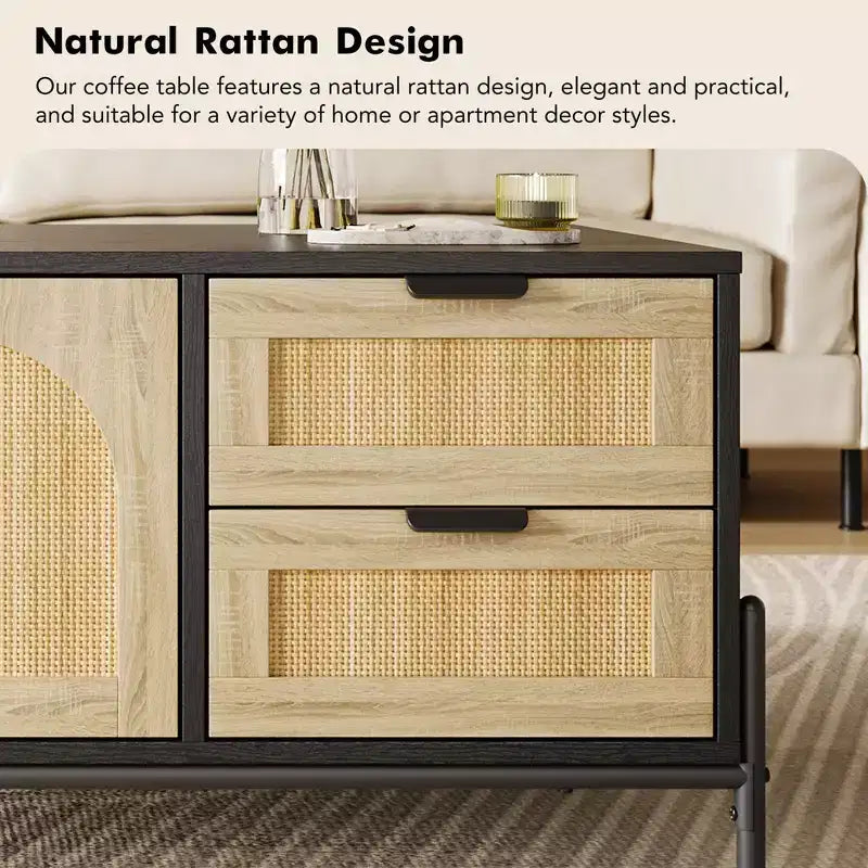 Table Basse, Table basse moderne de 104 cm avec rangement et détails en rotin pour salon