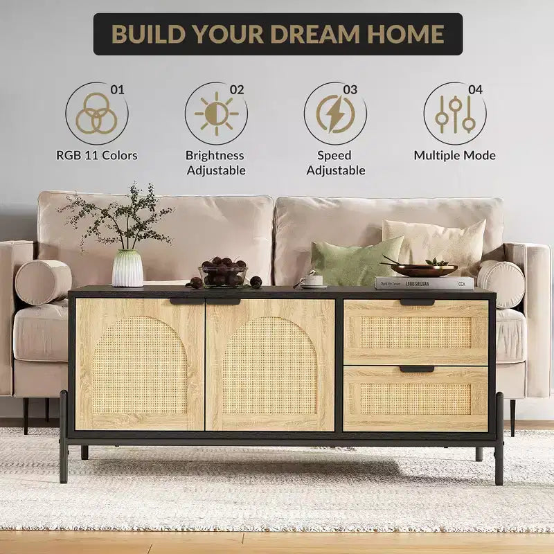Table Basse, Table basse moderne de 104 cm avec rangement et détails en rotin pour salon