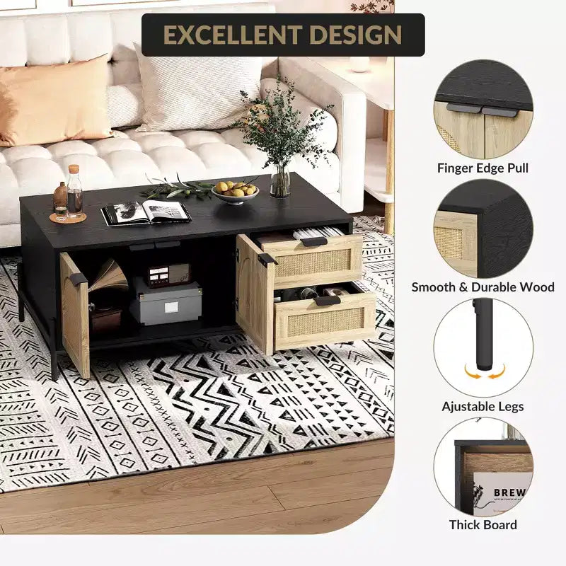 Table Basse, Table basse moderne de 104 cm avec rangement et détails en rotin pour salon